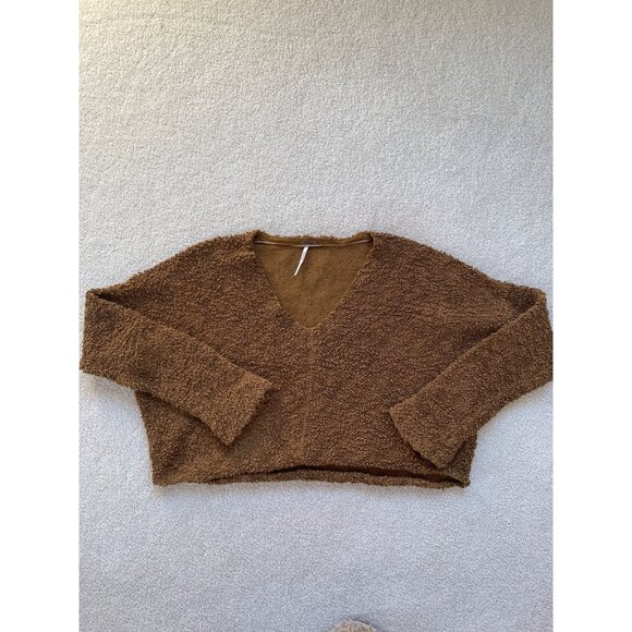 Free People Women's Small Popcorn Cropped Drop Shoulder V-neck Sweater Brown - Picture 1 of 9